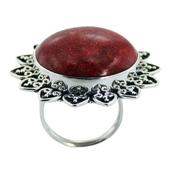Round antiqued red sponge coral hearts ornament hand soldered silver ring