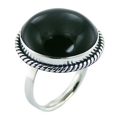Convexed black agate sterling silver ring 