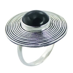Fluted flange black agate gemstone hand soldered sterling silver ring