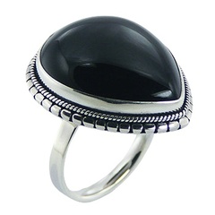 Drop shaped glossy black agate ornate finish polished sterling silver ring