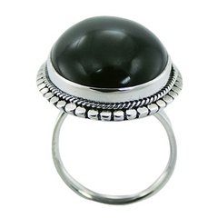 Oval black agate ornate silver ring 