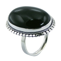 Handmade oval black agate gemstone ornate polished sterling silver ring