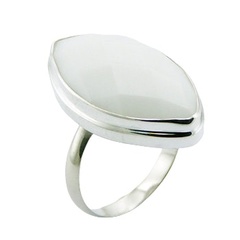 Marquise cut convexed faceted white agate gemstone sterling silver ring