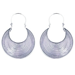 Crescent open cut casted ornate grooved sterling silver hoop earrings