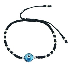 Macrame Bracelet with Glass Evil Eye and SIlver Beads