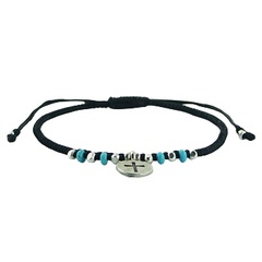 Macrame Bracelet Silver Disc with Cross and Turquoise Beads 