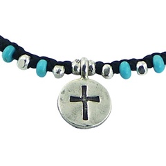 Macrame Bracelet Silver Disc with Cross and Turquoise Beads 2