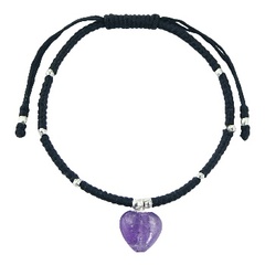 Amethyst Heart Charm Silver Beads On Macrame Bracelet