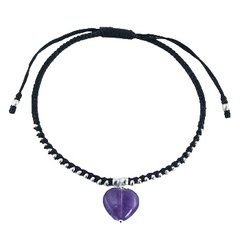 Amethyst Heart Charm & Silver Circle Beads Macrame Bracelet