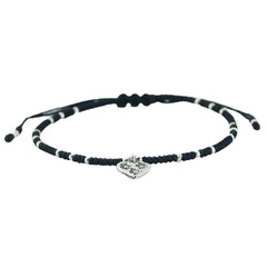 Macrame Bracelet Sterling Silver Floral Heart & Round Beads 