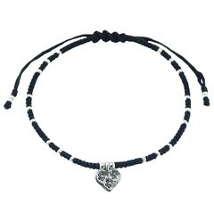 Macrame Bracelet Sterling Silver Floral Heart & Round Beads