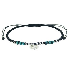 Silver Wire Flower, Turquoise & Silver Beads In Macrame Bracelet 