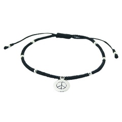 Macrame Bracelet 925 Silver Peace Symbol Charm & Sphere Beads 