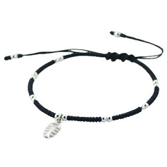 Silver Fish Bone & Sphere Beads Macrame Waxed Cotton Bracelet 