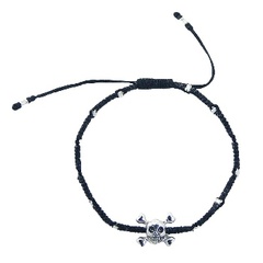 Silver Skull and Crossbones Macrame Bracelet with Beads 