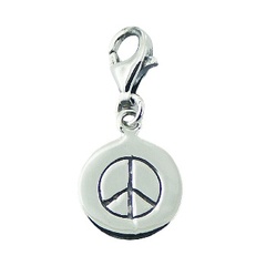 Polished Sterling Silver Disc Engraved Peace Sign Charm on Lobster Clasp