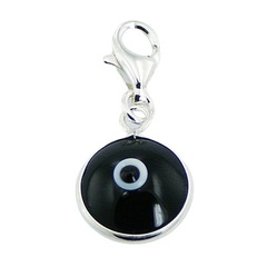 Glossy Black Glass Sterling Silver Evil Eye Clip-On Charm