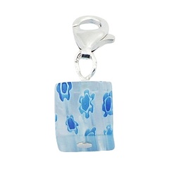 Blue Flowers In Cuboid Murano Glass Charm Silver Clasp