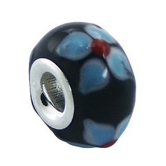 Red Spheres Relief Blue Flowers Black Murano Glass Bead 