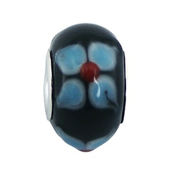 Red Spheres Relief Blue Flowers Black Murano Glass Bead by BeYindi