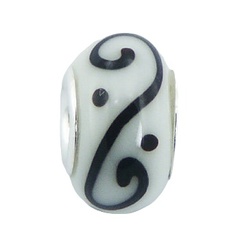 Handmade Murano Glass Bead Delicate Black Twirls On White