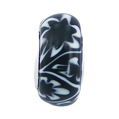 Black Murano Glass Bead White Flowers Zigzag Pattern