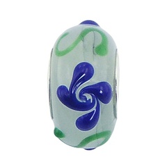 Handmade Murano Glass Bead Blue Flowers Green Twirls Relief