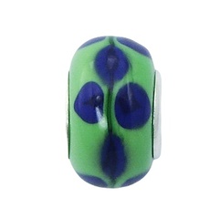 Murano Glass Bead 925 Silver Core Blue Leafs On Pastel Green
