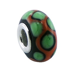Murano Glass Bead Brick Red Covers Green Ovals In Black 
