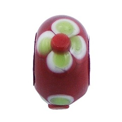 Red Murano Glass Bead White Soft Green Flower Relief