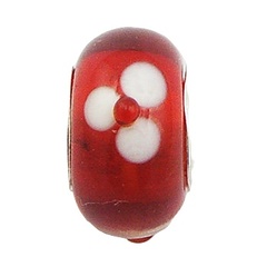 Red Transparent Murano Glass Bead White Petaled Flowers