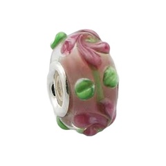 Romantic Floral Murano Glass Bead Pink Flowers Green Leafs 