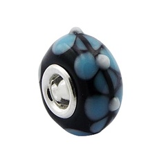 Blue Flowers White Centers Relief Black Murano Glass Bead 