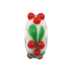 White Murano Glass Bead Sweet Red Cherries Green Leafs 