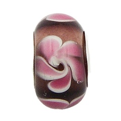 Transparent Brown Pink & White Flowers Murano Glass Bead