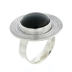Sterling Silver Black Agate Gemstone Ring Grooved Flange