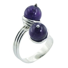 Two Amethyst Gemstone Balls 925 Silver Fluted Spiral Ring