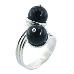 Double Black Agate Balls 925 Silver Ring Fluted Spiral Band