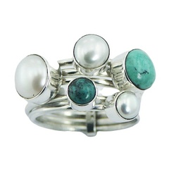 Freshwater Pearls Turquoise Cluster 925 Silver Stacked Ring by BeYindi