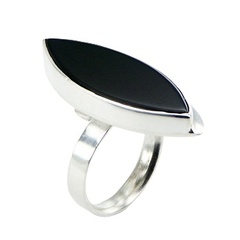 Adjustable Gemstone Silver Ring Marquise Shaped Black Agate