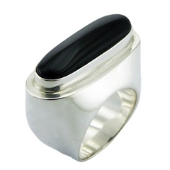 Sterling Silver Oval Black Agate Cabochon Ring Unique Design