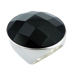 Fabulously Faceted Black Agate Round Silver Ring