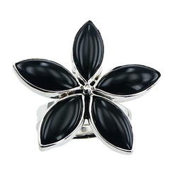 Black Agate Flower Ring Bezel Set Petals 925 Silver
