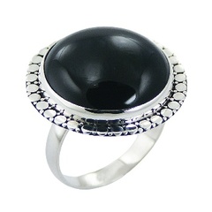 Stylish Round Black Agate Gem Ring Ornate Silver Border