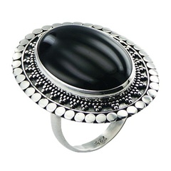 Stylish Oval Black Agate Gem Handmade Ornate Silver Ring by BeYindi
