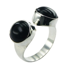 Facing Opposite Directions Oval Black Agate Open Silver Ring
