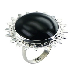 Adorable Black Agate Set In Ornate Silver Sunflower Ring