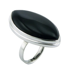 Glossy Marquise Cut Black Agate Elegant Sterling Silver Ring