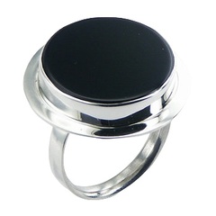 Deep Set Black Agate Gemstone Round Shiny Classic Silver Ring