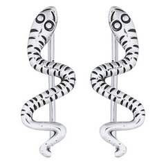 Snake shaped zigzag antiqued ornamented sterling silver earrings